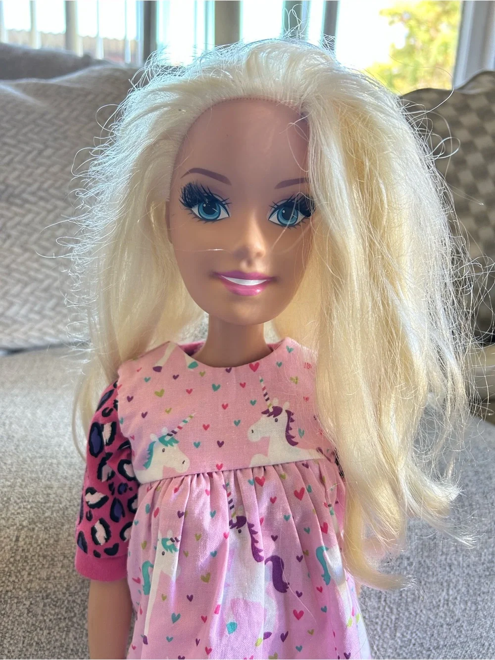 Barbie Blonde Doll in Pink Unicorn Dress with Hot Pink Shoes